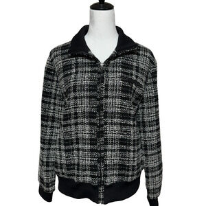 Chicos Jacket Womens Large 2 Black White Tweed Wool Blend Full Zip Metallic